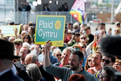 090526 - Picture shows Plaid Cymru supports outside the Senedd in Cardiff in support of Plaid Cymru winning the Welsh Election