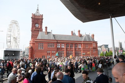 090526 - Picture shows Plaid Cymru supports outside the Senedd in Cardiff in support of Plaid Cymru winning the Welsh Election
