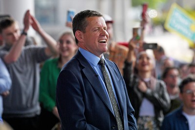 090526 - Picture shows Plaid Cymru leader Rhun Ap Lorwerth giving a speech outside the Senedd in Cardiff, after winning the Welsh Election