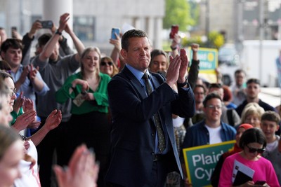 090526 - Picture shows Plaid Cymru leader Rhun Ap Lorwerth giving a speech outside the Senedd in Cardiff, after winning the Welsh Election