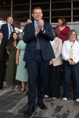 090526 - Picture shows Plaid Cymru leader Rhun Ap Lorwerth giving a speech outside the Senedd in Cardiff, after winning the Welsh Election