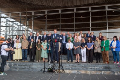 090526 - Picture shows Plaid Cymru leader Rhun Ap Lorwerth and Plaid Cymru’s 43 newly elected Senedd members at the Senedd in Cardiff to mark history in Wales as a new government is elected