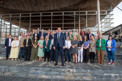 090526 - Picture shows Plaid Cymru leader Rhun Ap Lorwerth and Plaid Cymru’s 43 newly elected Senedd members at the Senedd in Cardiff to mark history in Wales as a new government is elected