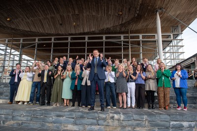 090526 - Picture shows Plaid Cymru leader Rhun Ap Lorwerth and Plaid Cymru’s 43 newly elected Senedd members at the Senedd in Cardiff to mark history in Wales as a new government is elected