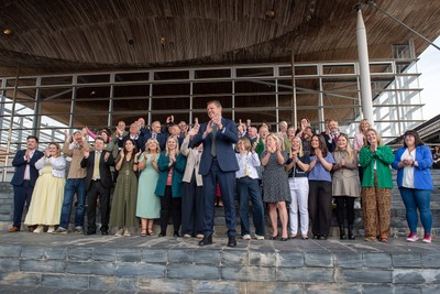 090526 - Picture shows Plaid Cymru leader Rhun Ap Lorwerth and Plaid Cymru’s 43 newly elected Senedd members at the Senedd in Cardiff to mark history in Wales as a new government is elected