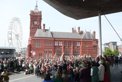 090526 - Picture shows Plaid Cymru supports outside the Senedd in Cardiff in support of Plaid Cymru winning the Welsh Election