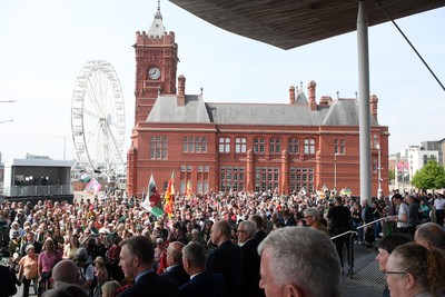 090526 - Picture shows Plaid Cymru supports outside the Senedd in Cardiff in support of Plaid Cymru winning the Welsh Election