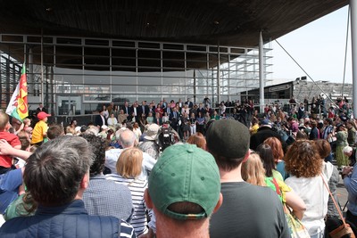 090526 - Picture shows Plaid Cymru supports outside the Senedd in Cardiff in support of Plaid Cymru winning the Welsh Election