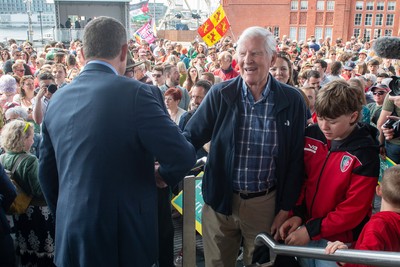 090526 - Picture shows Plaid Cymru leader Rhun Ap Lorwerth greeting supporters outside the Senedd in Cardiff, after winning the Welsh Election