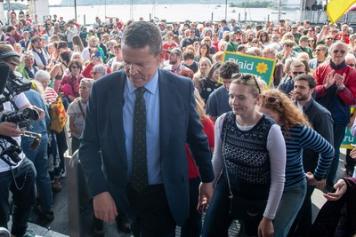 090526 - Picture shows Plaid Cymru leader Rhun Ap Lorwerth greeting supporters outside the Senedd in Cardiff, after winning the Welsh Election