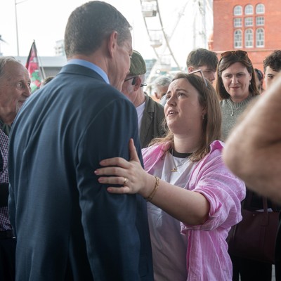 090526 - Picture shows Plaid Cymru leader Rhun Ap Lorwerth greeting supporters outside the Senedd in Cardiff, after winning the Welsh Election