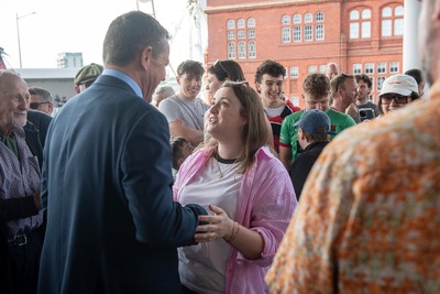 090526 - Picture shows Plaid Cymru leader Rhun Ap Lorwerth greeting supporters outside the Senedd in Cardiff, after winning the Welsh Election