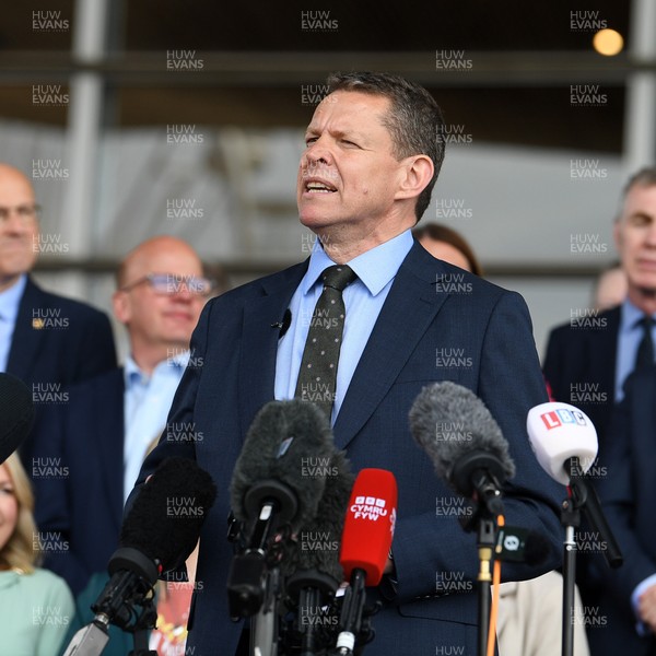 090526 - Picture shows Plaid Cymru leader Rhun Ap Lorwerth giving a speech outside the Senedd in Cardiff, after winning the Welsh Election