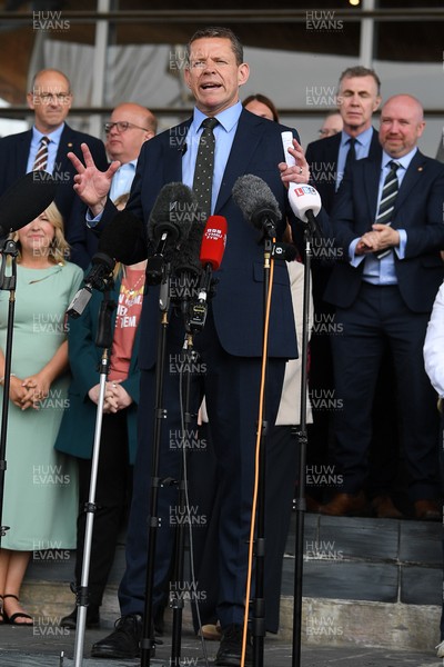 090526 - Picture shows Plaid Cymru leader Rhun Ap Lorwerth giving a speech outside the Senedd in Cardiff, after winning the Welsh Election