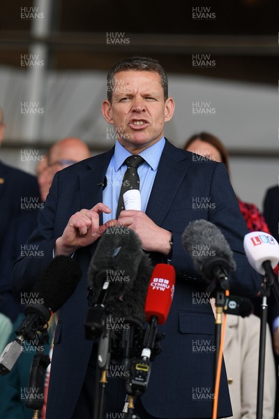 090526 - Picture shows Plaid Cymru leader Rhun Ap Lorwerth giving a speech outside the Senedd in Cardiff, after winning the Welsh Election