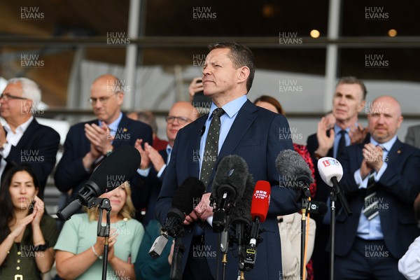 090526 - Picture shows Plaid Cymru leader Rhun Ap Lorwerth giving a speech outside the Senedd in Cardiff, after winning the Welsh Election
