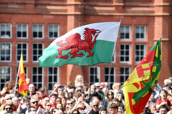 090526 - Picture shows Plaid Cymru supports outside the Senedd in Cardiff in support of Plaid Cymru winning the Welsh Election