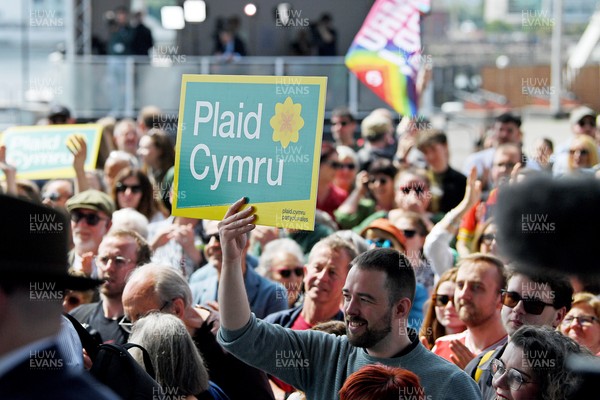 090526 - Picture shows Plaid Cymru supports outside the Senedd in Cardiff in support of Plaid Cymru winning the Welsh Election