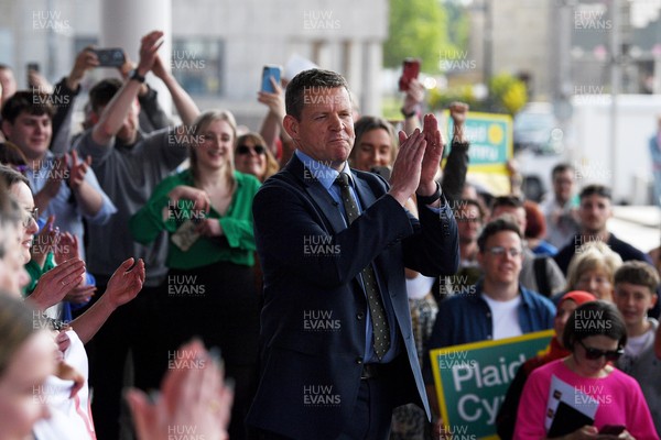 090526 - Picture shows Plaid Cymru leader Rhun Ap Lorwerth giving a speech outside the Senedd in Cardiff, after winning the Welsh Election