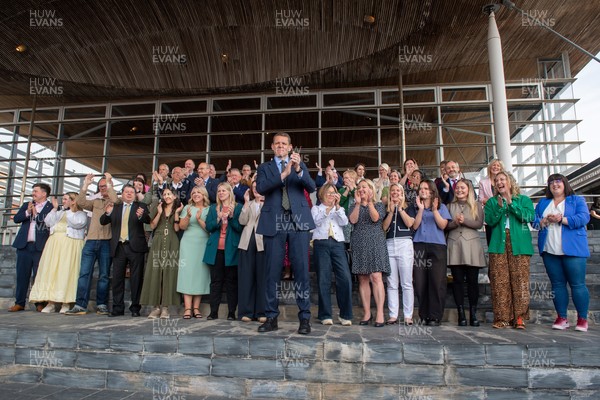 090526 - Picture shows Plaid Cymru leader Rhun Ap Lorwerth and Plaid Cymru’s 43 newly elected Senedd members at the Senedd in Cardiff to mark history in Wales as a new government is elected