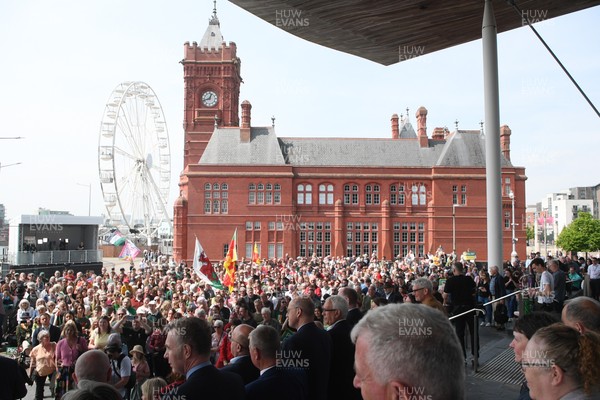 090526 - Picture shows Plaid Cymru supports outside the Senedd in Cardiff in support of Plaid Cymru winning the Welsh Election