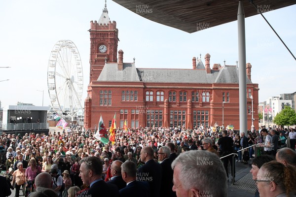 090526 - Picture shows Plaid Cymru supports outside the Senedd in Cardiff in support of Plaid Cymru winning the Welsh Election