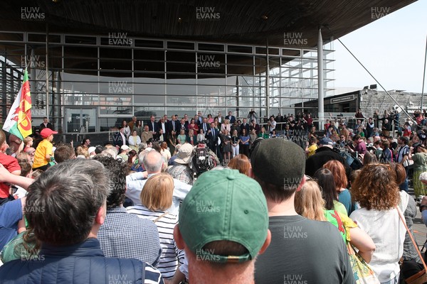 090526 - Picture shows Plaid Cymru supports outside the Senedd in Cardiff in support of Plaid Cymru winning the Welsh Election