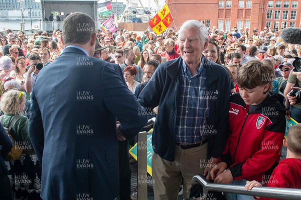 090526 - Picture shows Plaid Cymru leader Rhun Ap Lorwerth greeting supporters outside the Senedd in Cardiff, after winning the Welsh Election