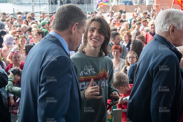 090526 - Picture shows Plaid Cymru leader Rhun Ap Lorwerth greeting supporters outside the Senedd in Cardiff, after winning the Welsh Election