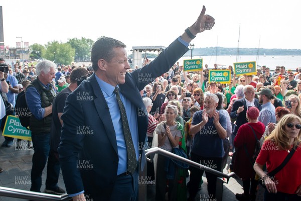 090526 - Picture shows Plaid Cymru leader Rhun Ap Lorwerth greeting supporters outside the Senedd in Cardiff, after winning the Welsh Election
