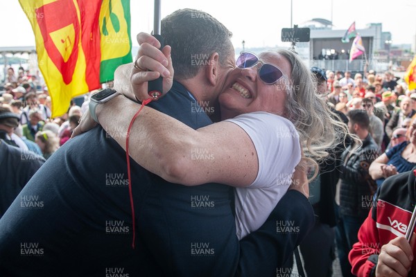 090526 - Picture shows Plaid Cymru leader Rhun Ap Lorwerth greeting supporters outside the Senedd in Cardiff, after winning the Welsh Election