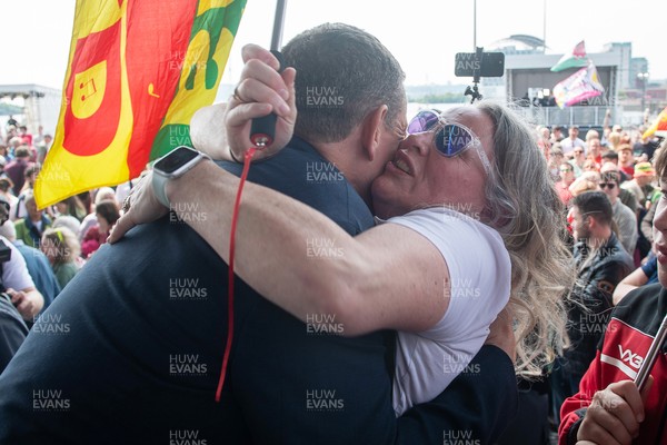 090526 - Picture shows Plaid Cymru leader Rhun Ap Lorwerth greeting supporters outside the Senedd in Cardiff, after winning the Welsh Election