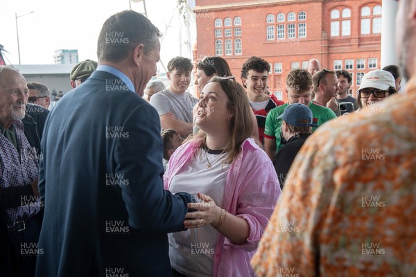 090526 - Picture shows Plaid Cymru leader Rhun Ap Lorwerth greeting supporters outside the Senedd in Cardiff, after winning the Welsh Election