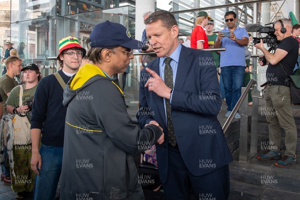 090526 - Picture shows Plaid Cymru leader Rhun Ap Lorwerth greeting supporters outside the Senedd in Cardiff, after winning the Welsh Election