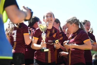 290426 - Plasmawr v Haverfordwest High - Girls Schools Final U12 - Road To Principality Finals - Plasmawr celebrate lifting the trophy at full time