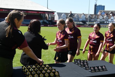 290426 - Plasmawr v Haverfordwest High - Girls Schools Final U12 - Road To Principality Finals - Plasmawr collect their medals at full time