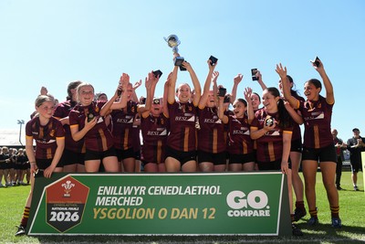 290426 - Plasmawr v Haverfordwest High - Girls Schools Final U12 - Road To Principality Finals - Plasmawr celebrate lifting the trophy at full time