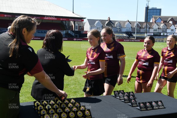 290426 - Plasmawr v Haverfordwest High - Girls Schools Final U12 - Road To Principality Finals - Plasmawr collect their medals at full time