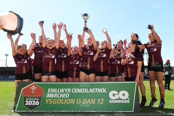 290426 - Plasmawr v Haverfordwest High - Girls Schools Final U12 - Road To Principality Finals - Plasmawr celebrate lifting the trophy at full time