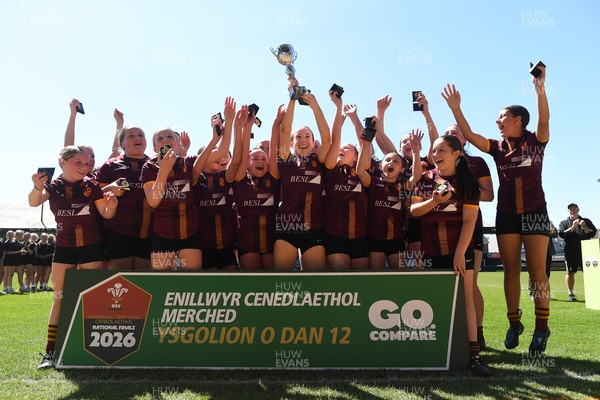 290426 - Plasmawr v Haverfordwest High - Girls Schools Final U12 - Road To Principality Finals - Plasmawr celebrate lifting the trophy at full time