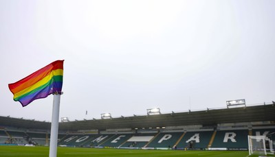 210226 - Plymouth Argyle v Cardiff City - Sky Bet League 1 - General view of LGBT corner flags blowing in the breeze at Home Park ahead of the match