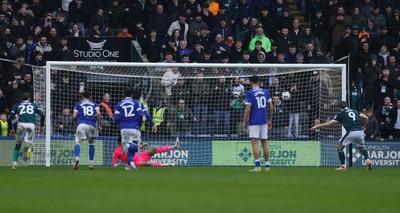 210226 - Plymouth Argyle v Cardiff City - Sky Bet League 1 - Lorent Tolaj of Plymouth Argyle scores the fouth goal from the penaly spot