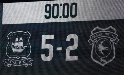 210226 - Plymouth Argyle v Cardiff City - Sky Bet League 1 - Scoreboard showing final score of 5-2
