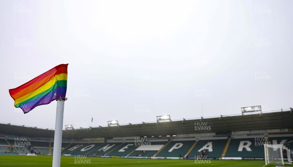 210226 - Plymouth Argyle v Cardiff City - Sky Bet League 1 - General view of LGBT corner flags blowing in the breeze at Home Park ahead of the match
