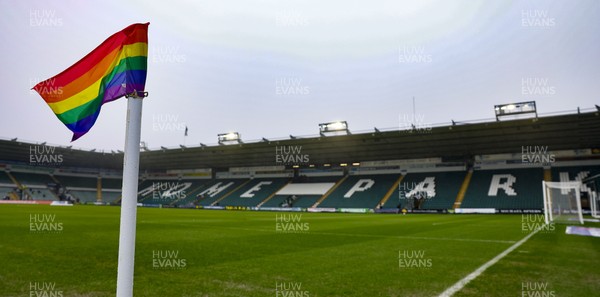 210226 - Plymouth Argyle v Cardiff City - Sky Bet League 1 - General view of LGBT corner flags blowing in the breeze at Home Park ahead of the match