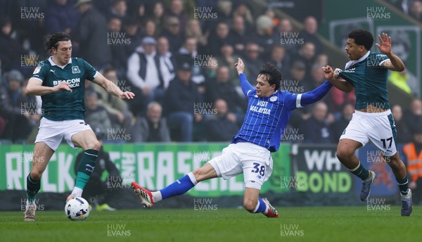 210226 - Plymouth Argyle v Cardiff City - Sky Bet League 1 - Omari Kellyman of Cardiff City battles for the ball with Caleb Watts of Plymouth Argyle