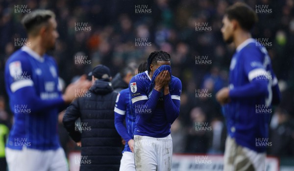 210226 - Plymouth Argyle v Cardiff City - Sky Bet League 1 - Dejection at the final whistle for Gabriel Osho of Cardiff City