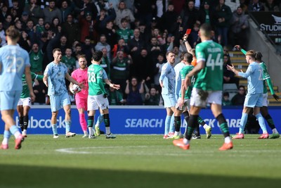 220225 - Plymouth Argyle v Cardiff City - Sky Bet Championship - Dimitrios Goutas of Cardiff City is sent off by referee James Bell