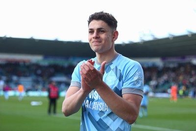 220225 - Plymouth Argyle v Cardiff City - Sky Bet Championship - Yousef Salech of Cardiff City applauds the travelling fans at the end of the game