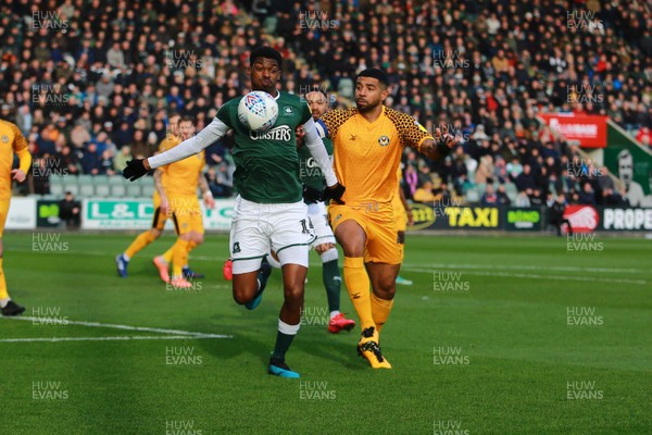 010220 - Plymouth Argyle v Newport County - EFL SkyBet League 2 - Joss Labadie of Newport County and Tyreeq Bakinson of Plymouth Argyle compete for a loose ball